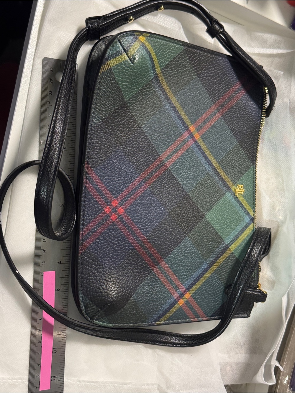 Ralph Lauren Green Tartan Plaid Messenger Bag with Navy & Red Accents - Picture 4 of 8
